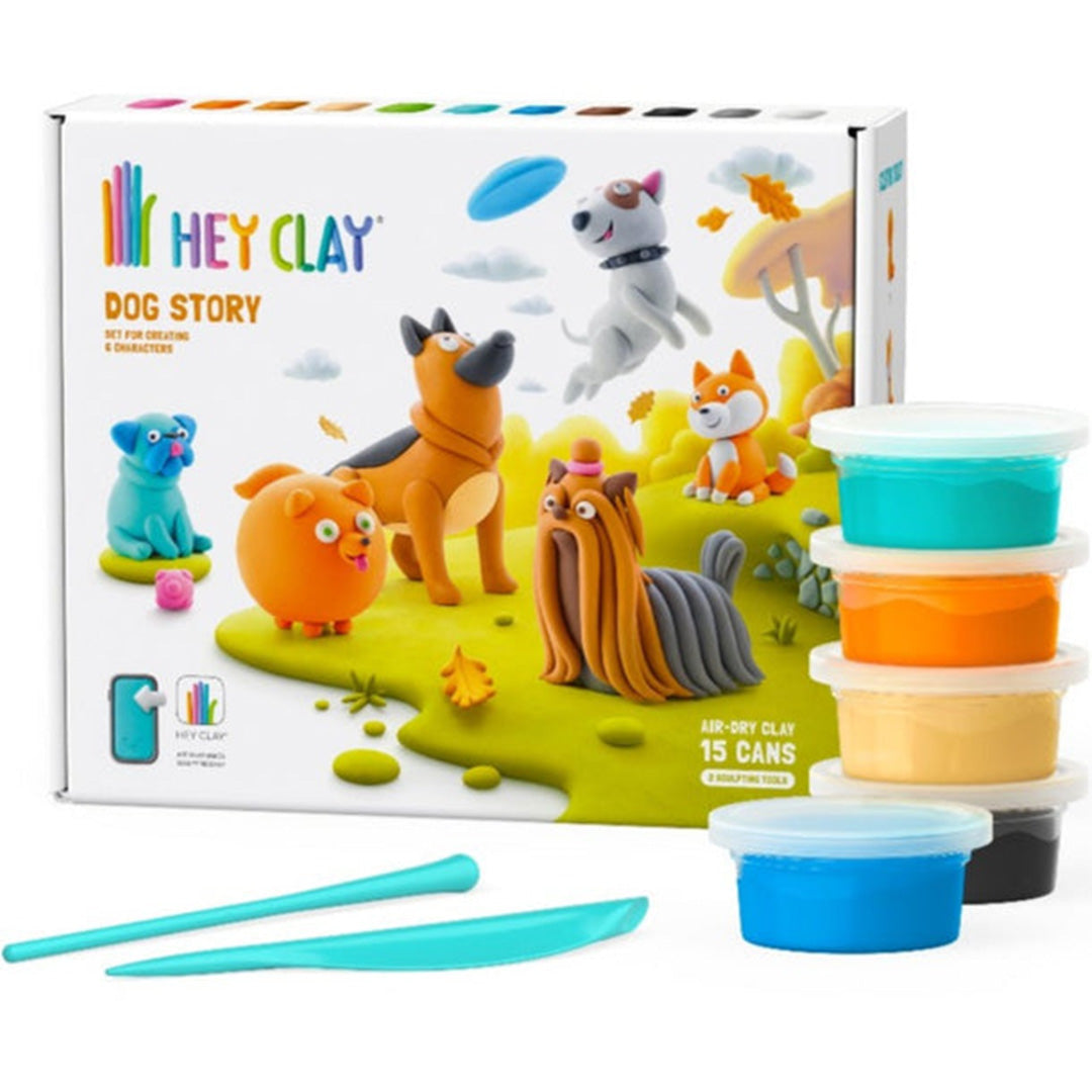 Hey Clay Dog Story boetseerklei set met verpakking, kleipotjes en gereedschap, en voorbeelden van kleifiguren van honden.