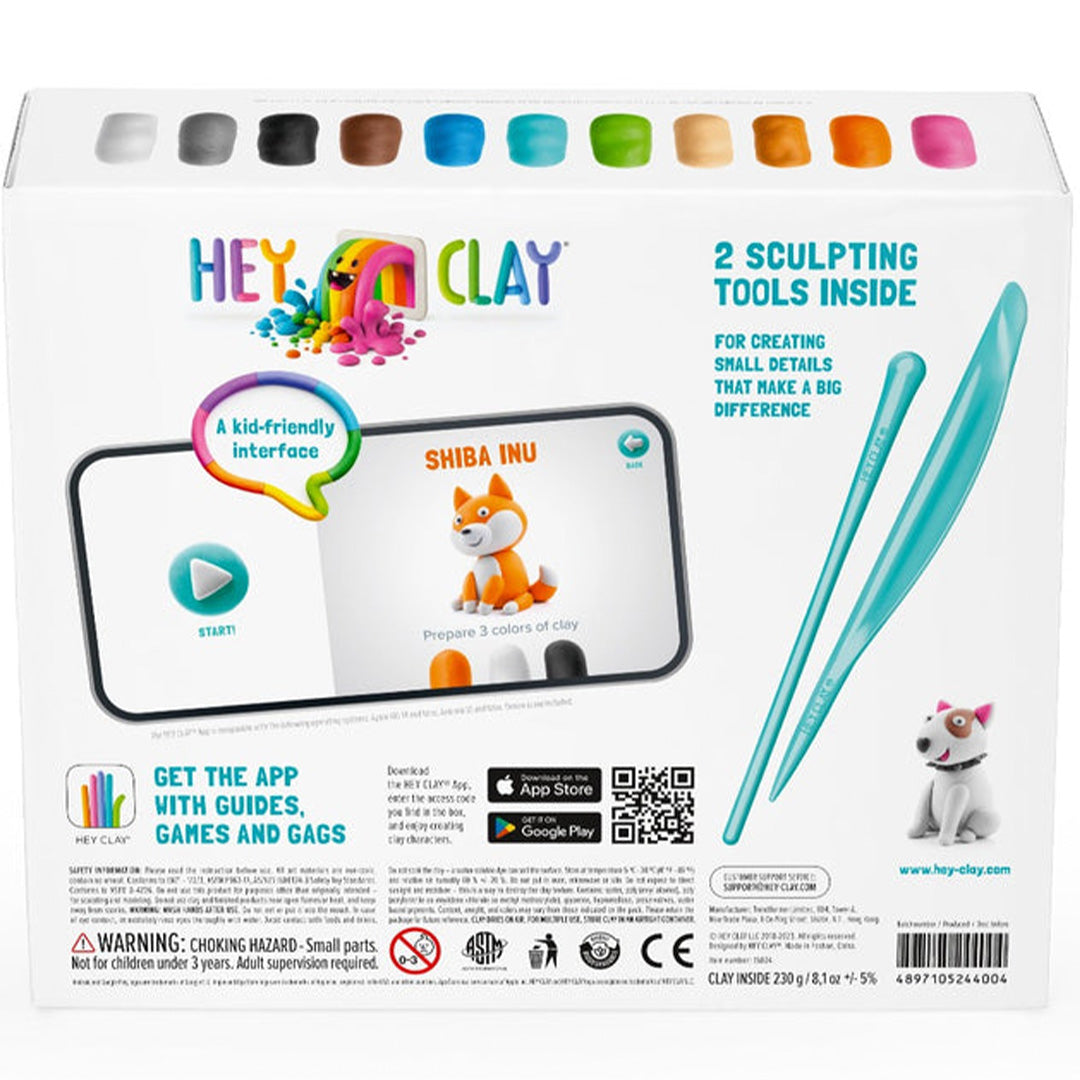 Achterkant van de Hey Clay boetseerklei verpakking met productinformatie, app-instructies en veiligheidswaarschuwingen.