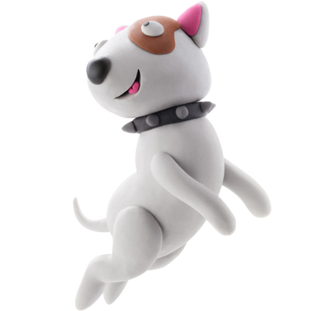 Detail van een witte boetseerklei terriër hond met bruine vlekken en een zwarte halsband, die in de lucht springt.