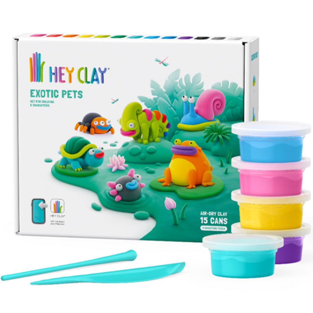 Hey Clay boetseerklei set 'Exotic Pets' met doos, kleipotjes, gereedschap en zes gemaakte dierenfiguren.