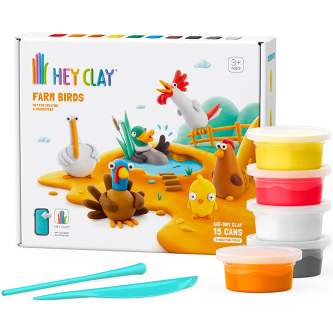 Hey Clay Farm Birds boetseerklei set met verpakking, kleipotjes en gereedschap.