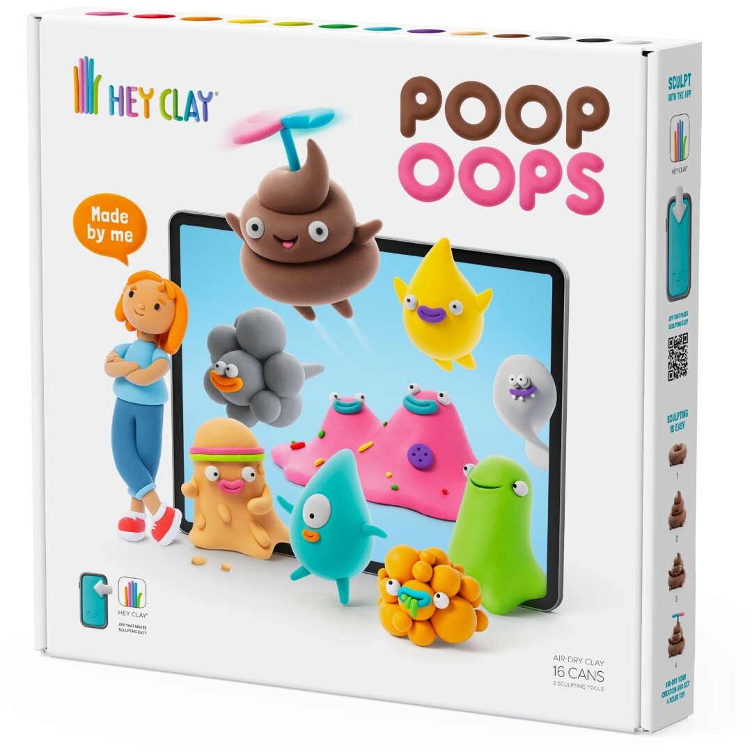 Voorkant van de Hey Clay Poop Oops boetseerklei set verpakking met diverse grappige kleifiguren.