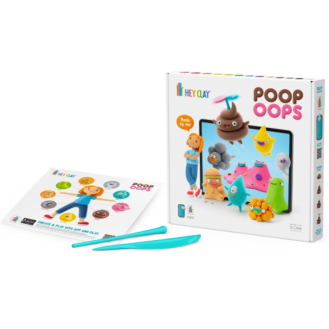 De Hey Clay Poop Oops boetseerklei set verpakking, een instructievel en twee boetseergereedschappen.