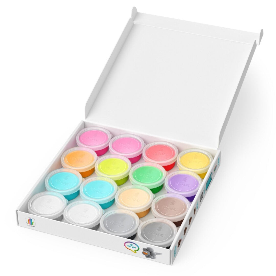 Open doos met 16 kleurrijke potjes Hey Clay boetseerklei.