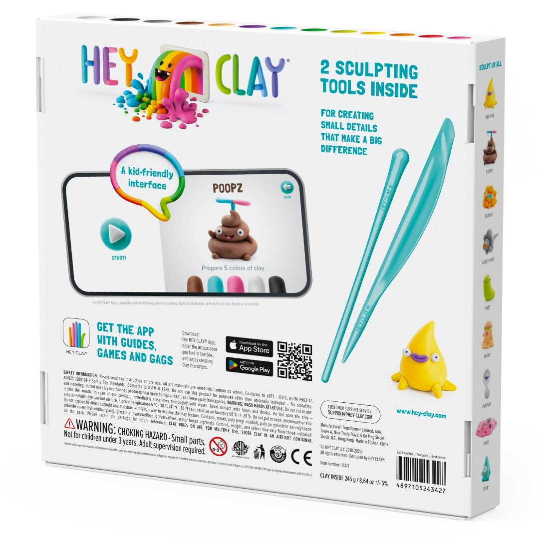 Achterkant van de Hey Clay Poop Oops boetseerklei set verpakking met app-instructies en gereedschappen.