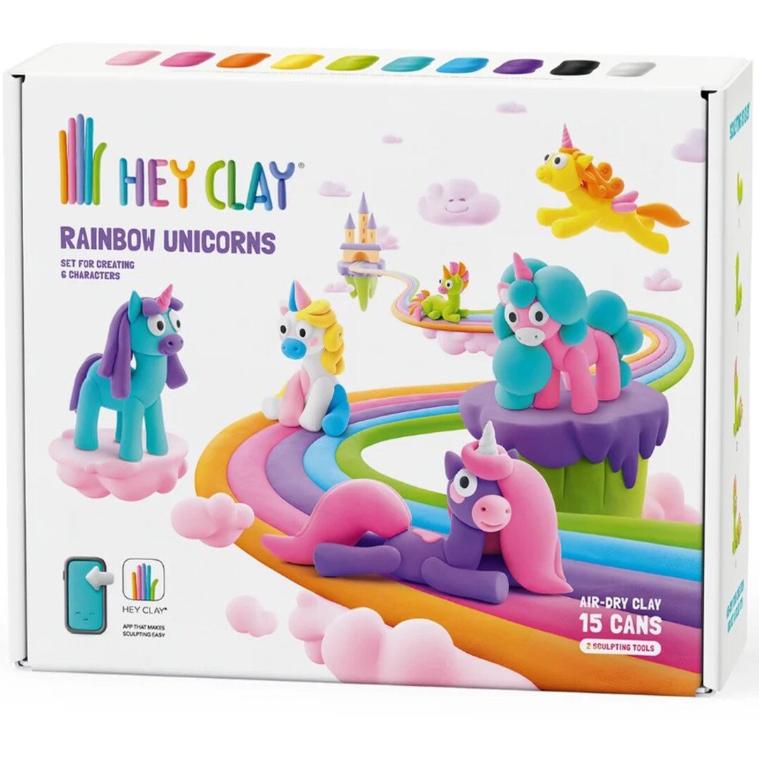 Hey Clay Rainbow Unicorns boetseerklei set verpakking met kleurrijke eenhoorns op een regenboog.