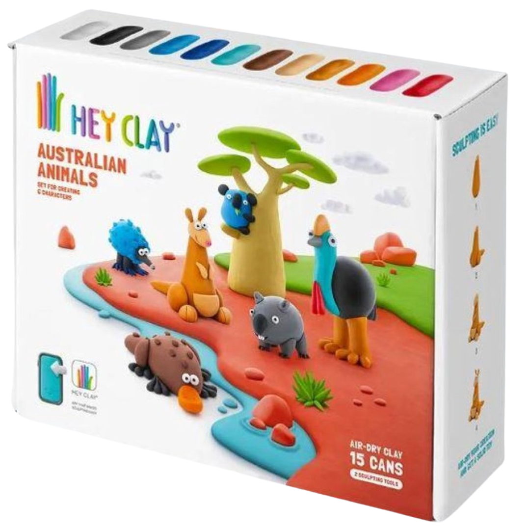 Hey Clay boetseerklei-set Australische dieren, met de verpakking waarop diverse kleifiguren van dieren te zien zijn.