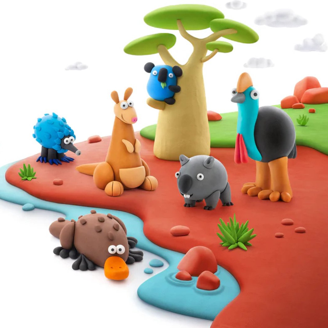 Een demonstratie van Hey Clay kleifiguren van Australische dieren, waaronder een kangoeroe, koala en wombat, in een kleurrijk landschap.