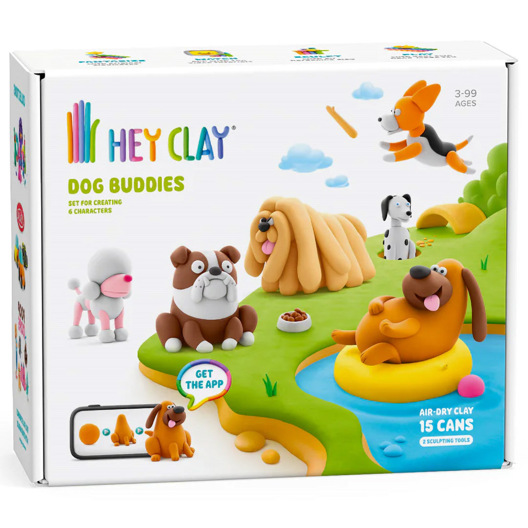 Hey Clay boetseerklei-set Dog Buddies verpakking met diverse kleifiguren van honden.