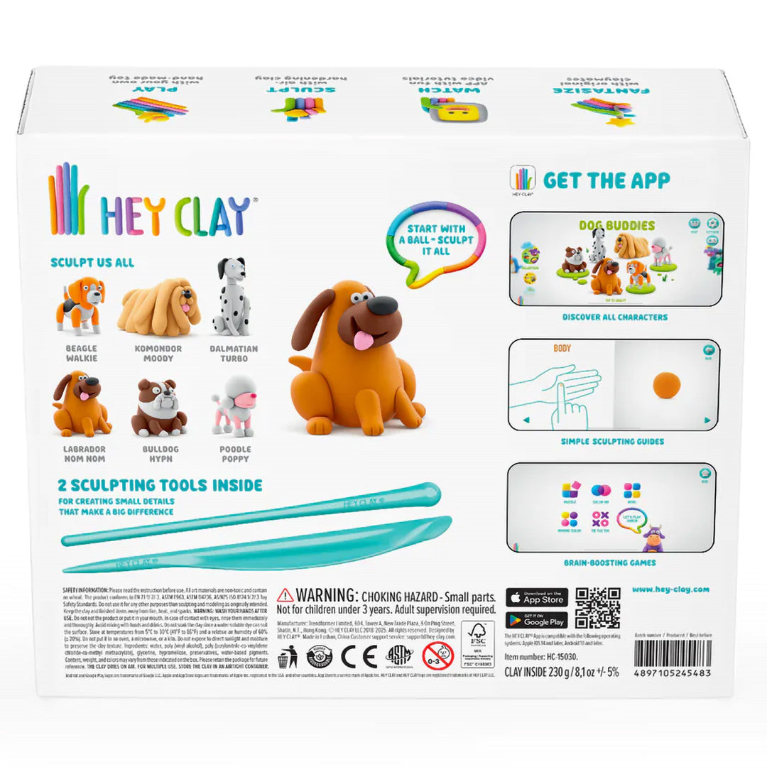 Achterkant van de Hey Clay boetseerklei-set Dog Buddies verpakking met voorbeelden van kleihonden en instructies.