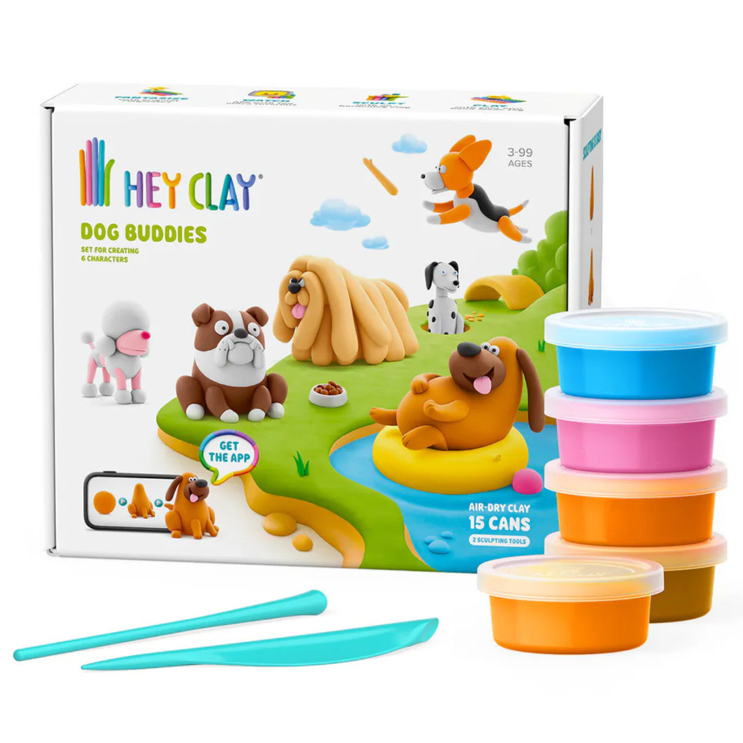 Hey Clay boetseerklei-set Dog Buddies verpakking met losse potjes klei en boetseergereedschap.