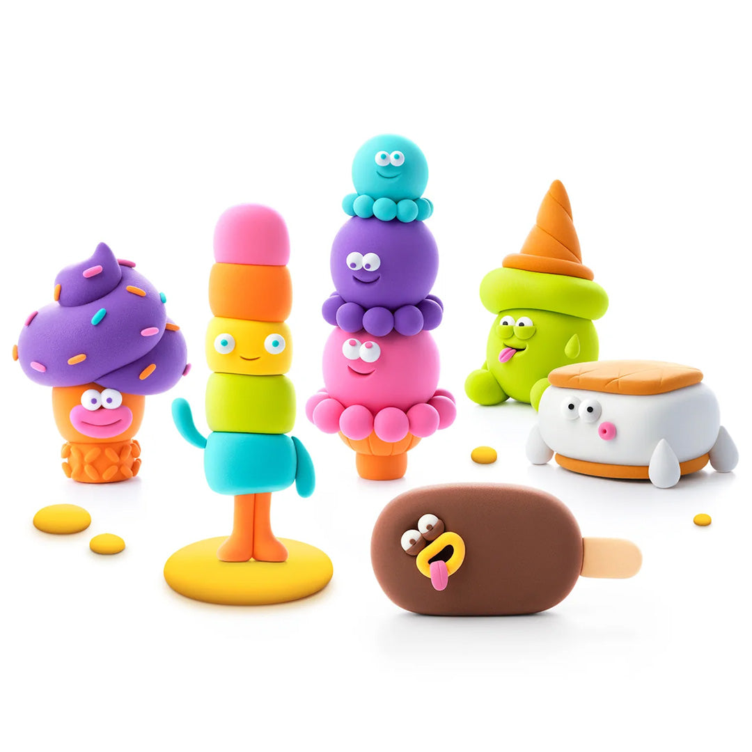 Een collectie van zes kleurrijke Hey Clay ijscofiguren gemaakt van boetseerklei.