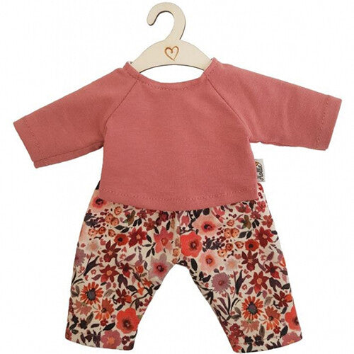 hollie poppenkleding set met roze shirt en gebloemde broek op een houten hanger.