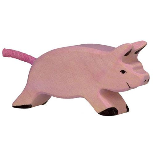 Holztiger houten biggetje speelgoedfiguur in roze met een roze touwstaart.