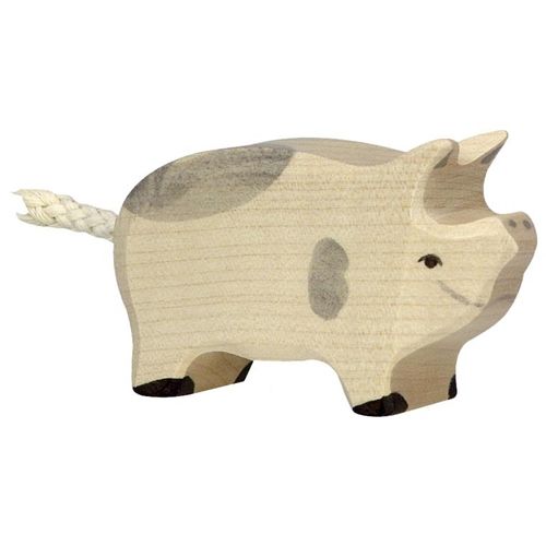 Holztiger houten biggetje met beige en grijze vlekken en een gevlochten staart.
