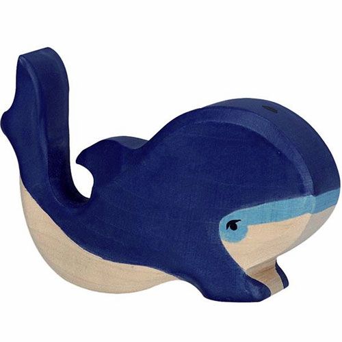 Holztiger houten dierenfiguur van een blauwe walvis.