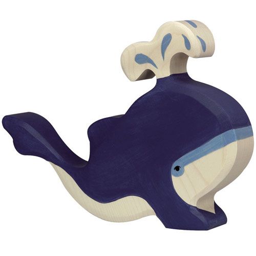 Holztiger houten speelgoed walvis in donkerblauw met een waterstraal.