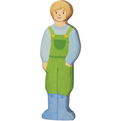 Holztiger houten speelfiguur van een boer in groene overall.