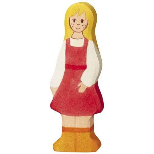 Holztiger houten speelfiguur van een boerendochter met blond haar en een rode jurk.