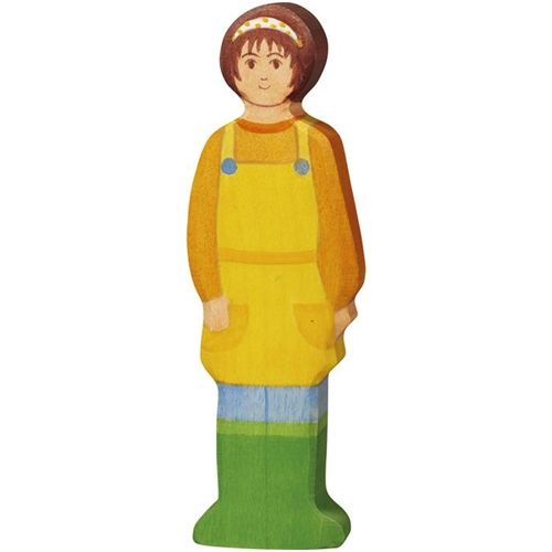 Holztiger houten speelgoedfiguurtje van een boerin met bruin haar, een gele tuinbroek en groene laarzen.