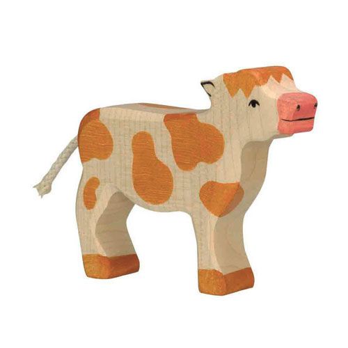 Holztiger houten dierenfiguur van een bruingevlekt kalf.