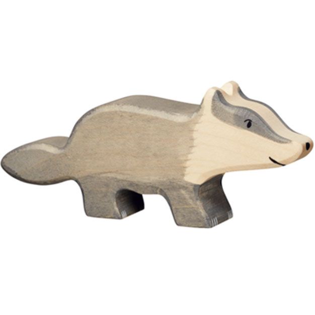 Holztiger houten dierenfiguur van een grijze das.