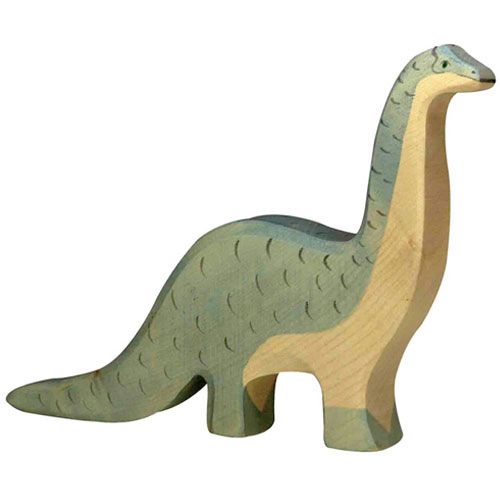 Holztiger houten brontosaurus dierenfiguur in blauw en beige.