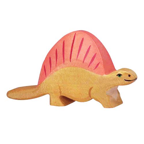 Holztiger houten Dimetrodon speelgoedfiguur met gele romp en roze rugzeil.