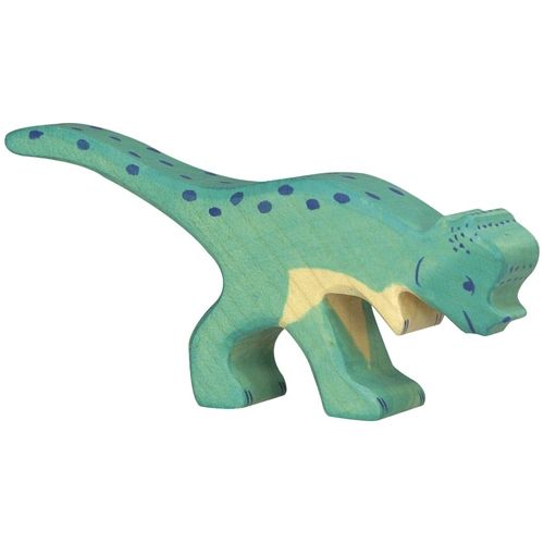 Holztiger houten speelgoedfiguur van een groene Pachycephalosaurus met blauwe stippen.