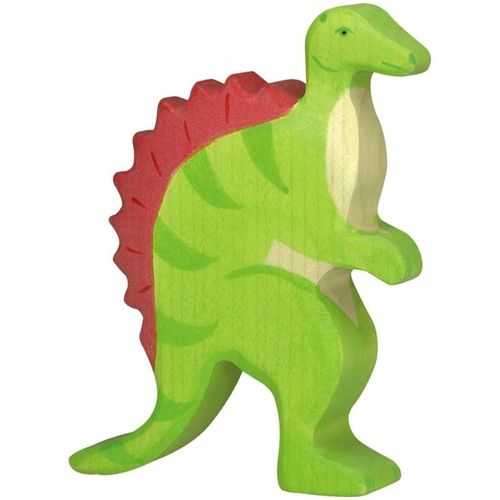 Holztiger houten Spinosaurus dinosaurusfiguur in groen met rode stekels.