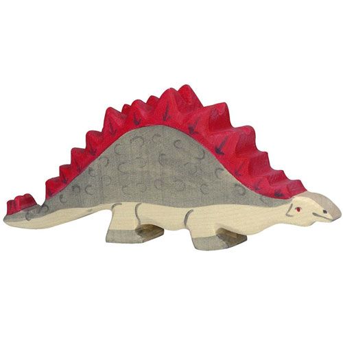 Holztiger houten stegosaurus speelgoedfiguur, grijs met rode rugplaten.