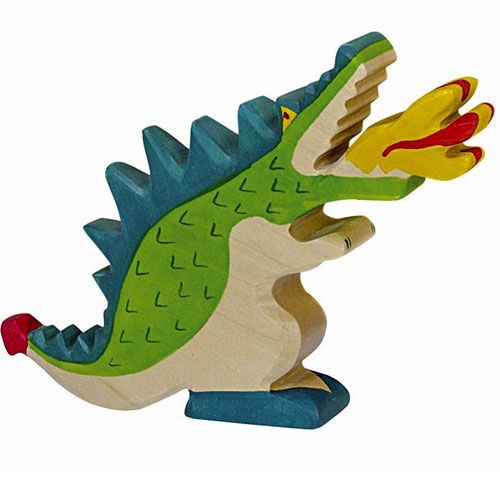 Holztiger houten drakenfiguur in groen en blauw met vlammen uit de bek.
