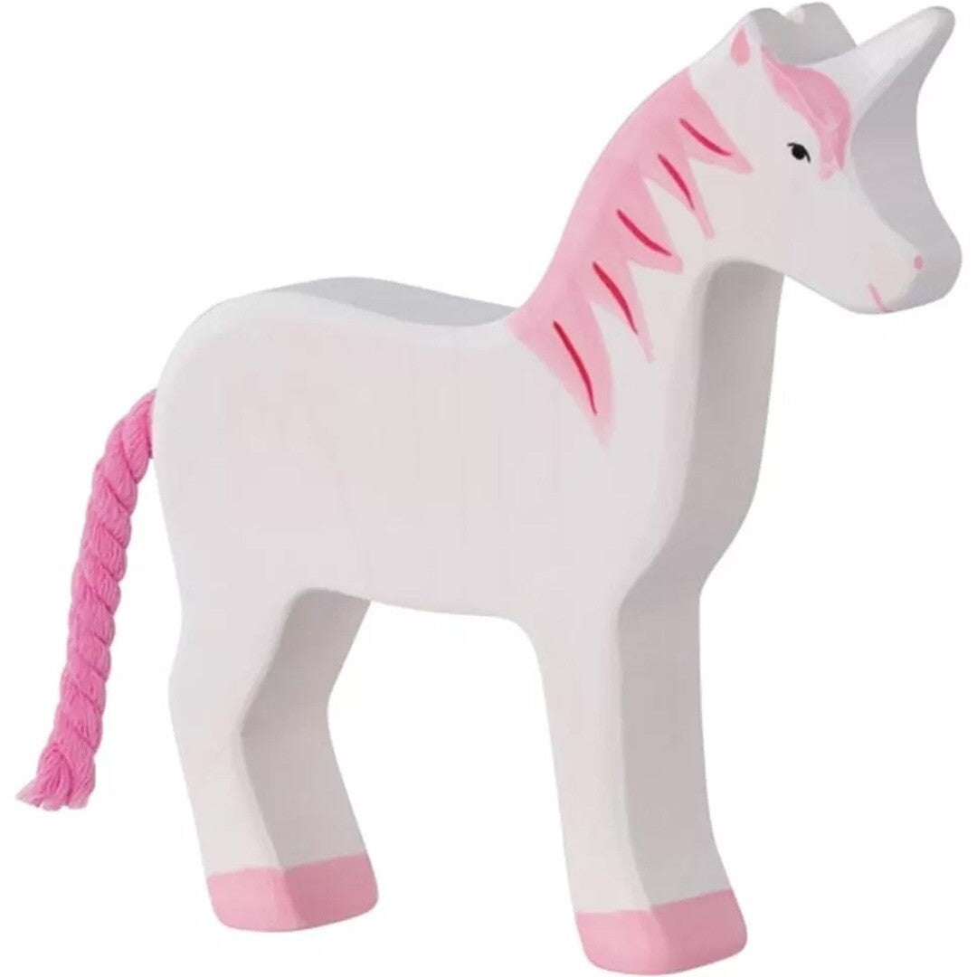 Holztiger houten eenhoorn speelfiguur met roze manen, hoeven en gevlochten staart.