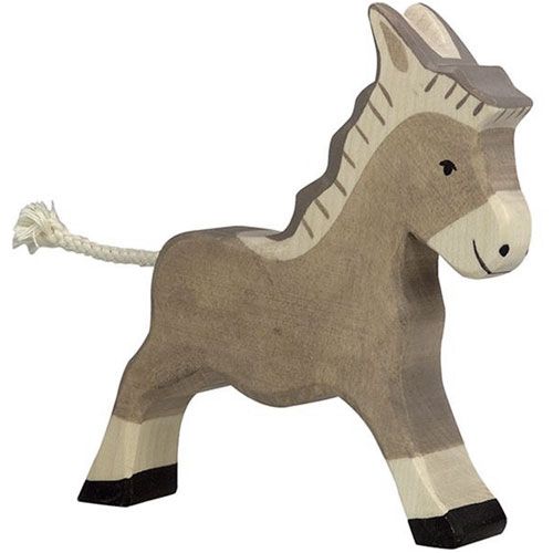 Holztiger houten ezel speelgoedfiguur in bruin en beige met een gevlochten staart.