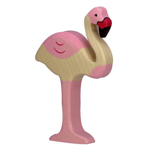Holztiger houten dierenfiguur van een roze flamingo.