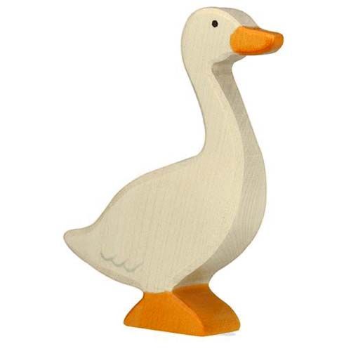 Holztiger houten dierenfiguur van een witte gans met oranje snavel en poten.