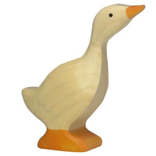 Holztiger houten dierenfiguur van een gans die omhoog kijkt.