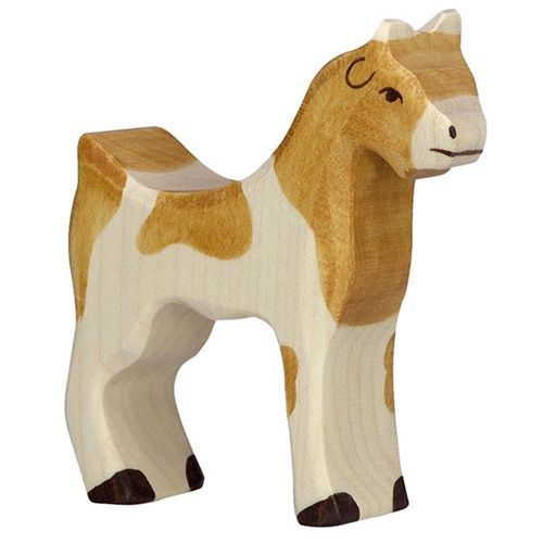 Holztiger veelkleurig houten dierenfiguur van een geit met bruine vlekken.