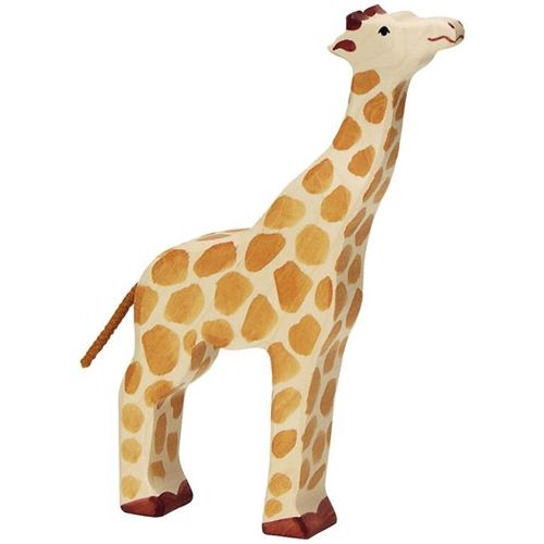 Holztiger houten dierenfiguur van een giraf met beige en bruine vlekken.