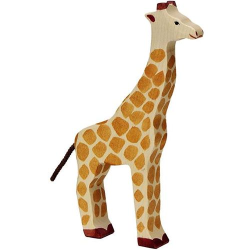 Holztiger houten speelgoedfiguur van een giraffe met beige en bruine vlekken.