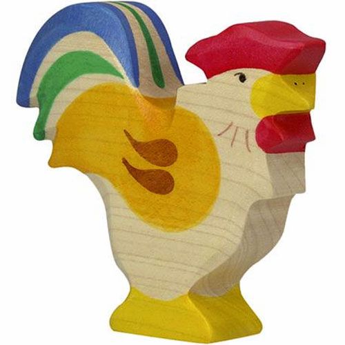 Holztiger houten dierenfiguurtje van een veelkleurige haan.