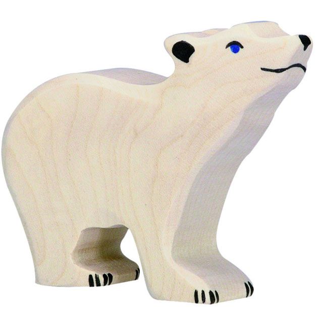 Holztiger houten dierenfiguur van een beige ijsbeer met zwarte neus, ogen en klauwen.