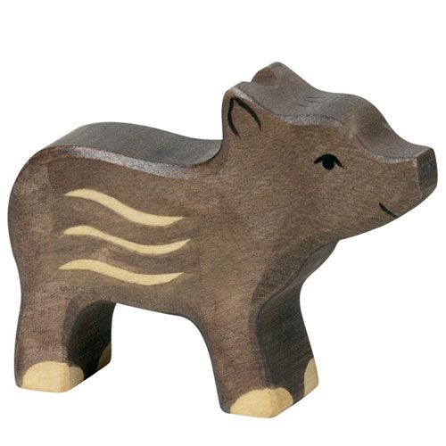 Holztiger houten dierenfiguur van een jong wild zwijn, bruin met lichte strepen.
