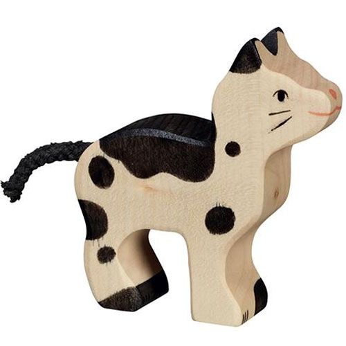 Holztiger houten kattenfiguur met beige vacht, zwarte vlekken en een stoffen staart.