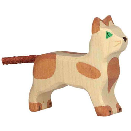 Holztiger houten kattenfiguur staand met beige vacht, bruine vlekken en een touwstaart.