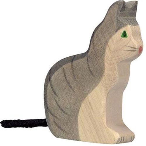 Holztiger houten kattenfiguur, zittend, grijs gestreept met stoffen staart.