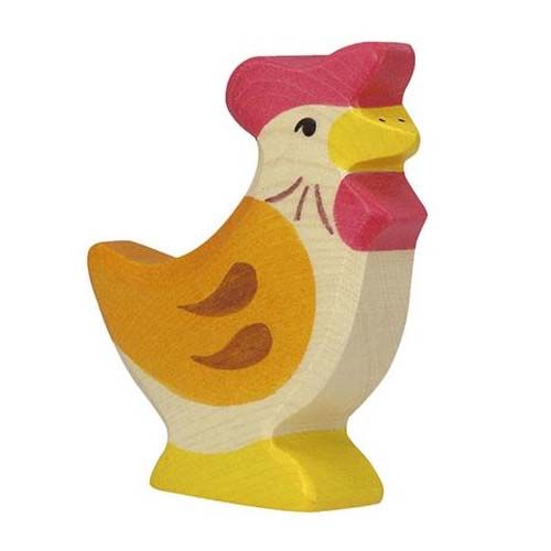 Holztiger houten dierenfiguurtje van een veelkleurige kip.