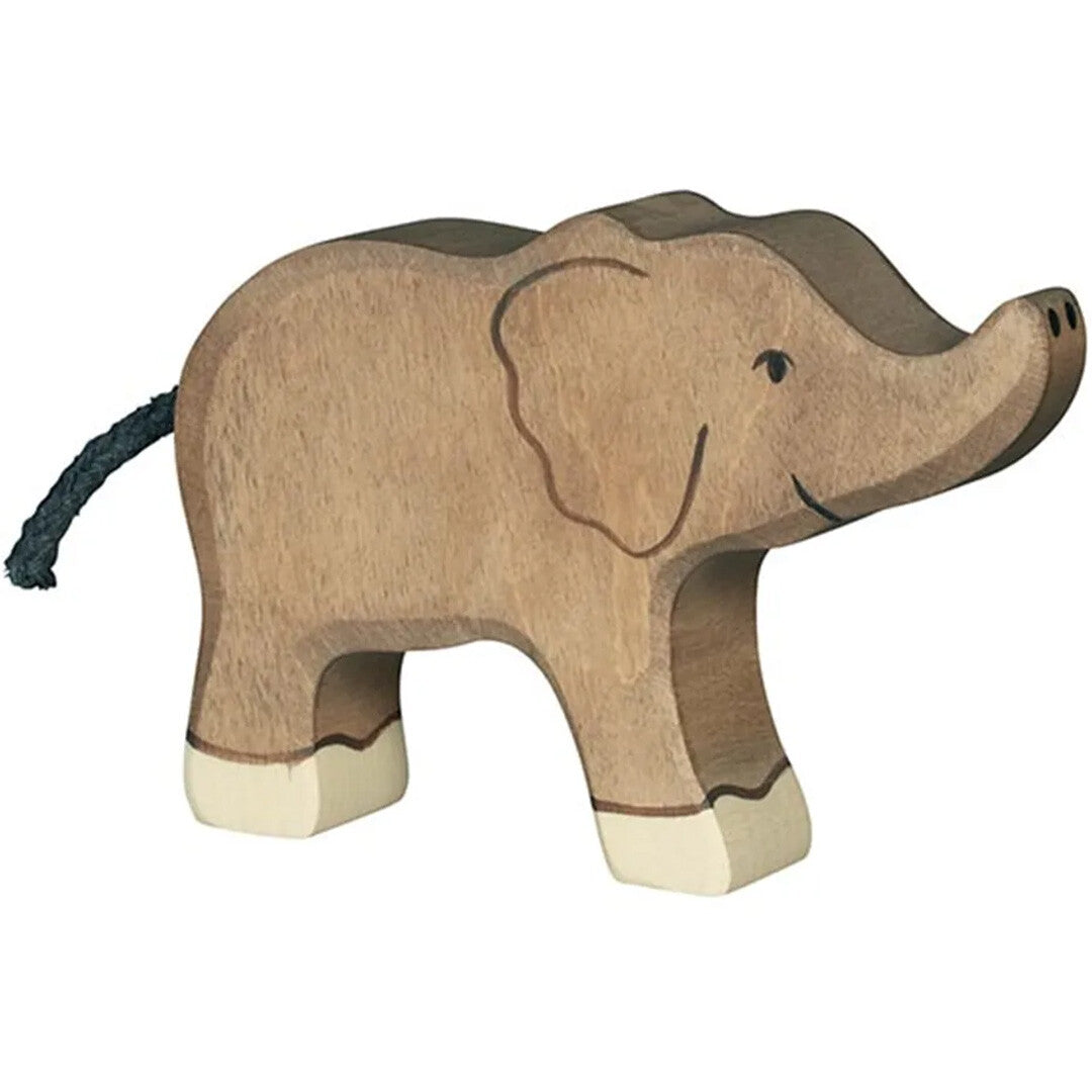 Holztiger houten olifant speelgoedfiguur in beige met een touwstaart.