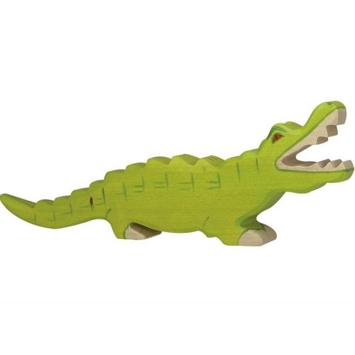 Holztiger houten dierenfiguur van een groene krokodil met open bek.