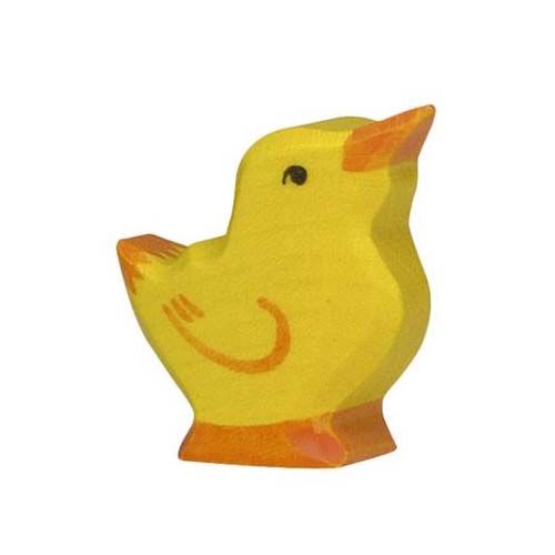 Holztiger geel houten kuiken dierenfiguurtje dat omhoog kijkt.